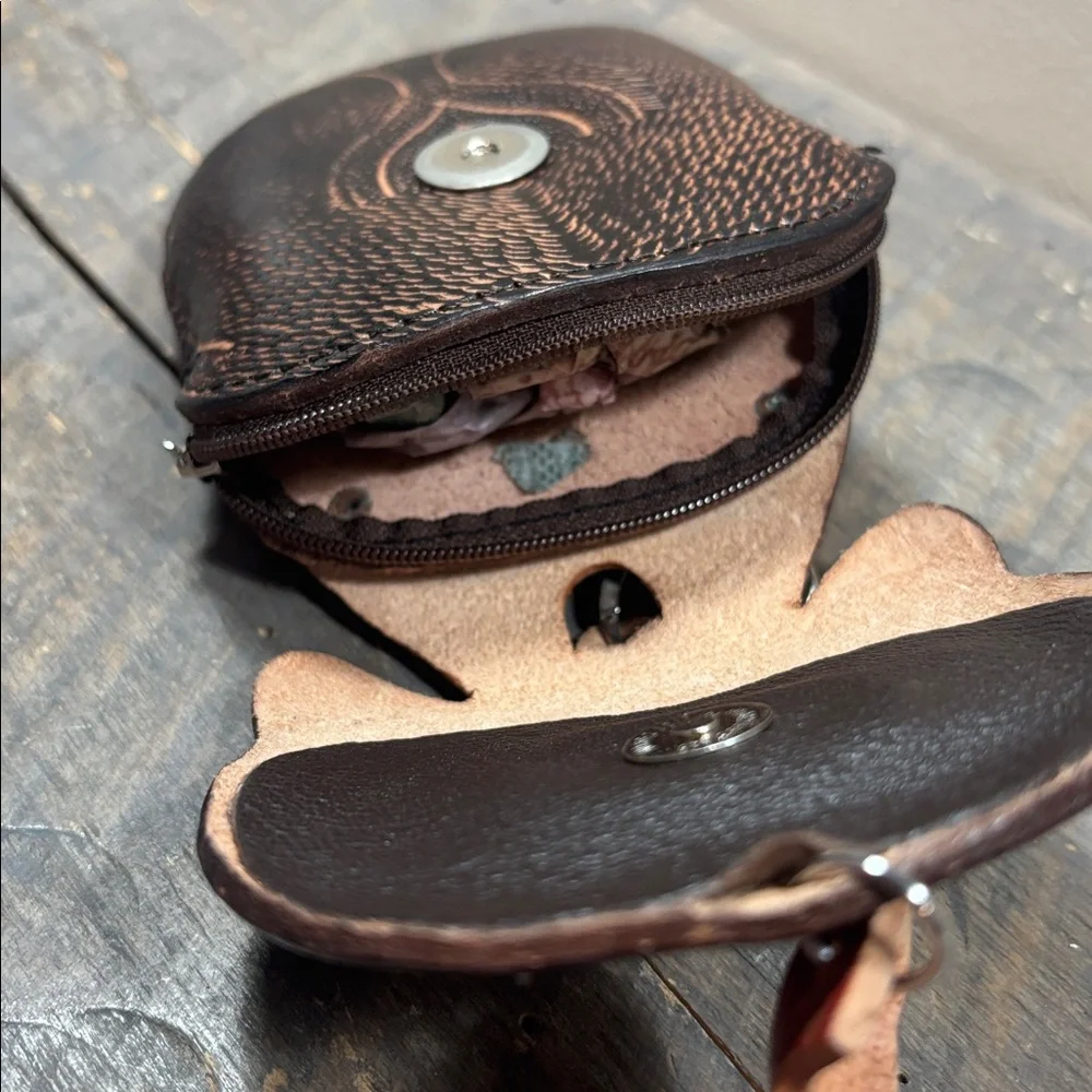 Brown Cat Face Leather Wristlet Bag